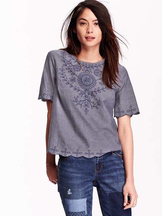 View large product image 1 of 2. Embroidered Chambray Top