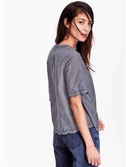 View large product image 2 of 2. Embroidered Chambray Top