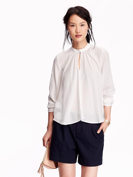 View large product image 1 of 1. Banded-Collar Crepe Top