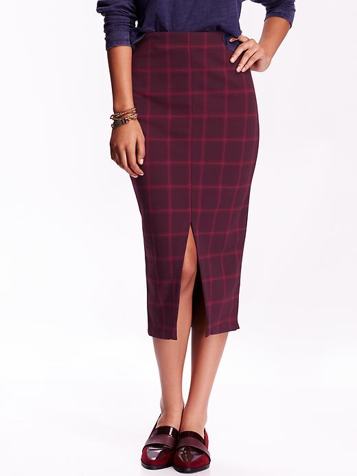 View large product image 1 of 2. Plaid Midi Pencil Skirt