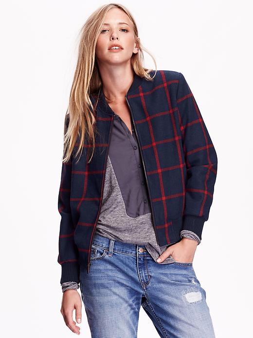 View large product image 1 of 3. Women's Plaid Wool-Blend Bomber Jacket