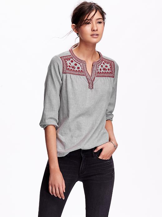 View large product image 1 of 1. Embroidered-Yoke Top