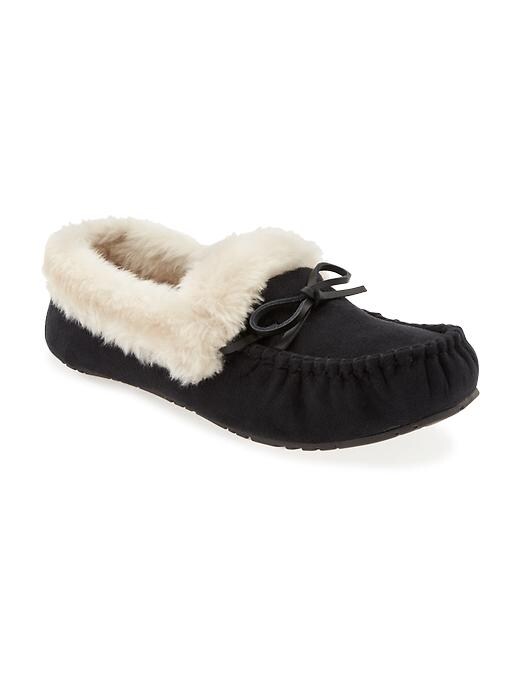 View large product image 1 of 1. Sueded Sherpa-Trim Moccasin Slippers