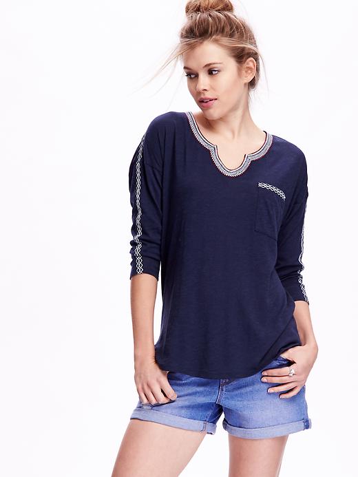 View large product image 1 of 1. Oversized Embroidered Dolman-Sleeve Top for Women