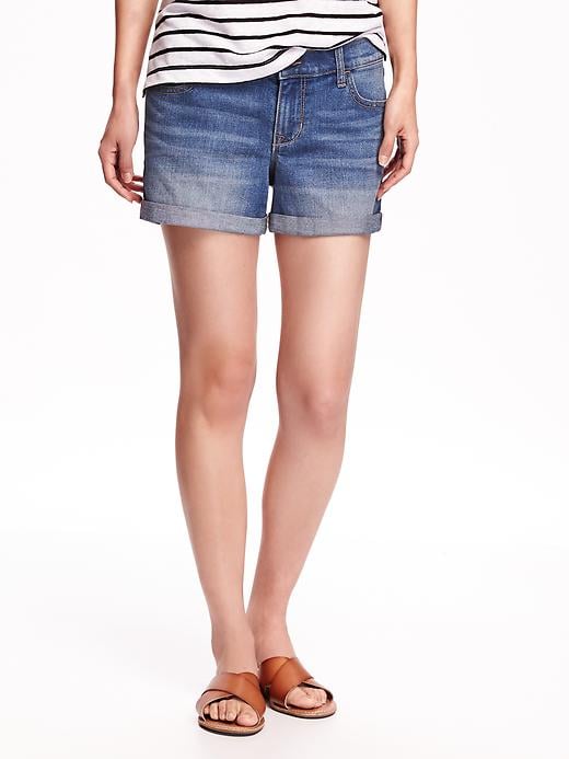 View large product image 1 of 2. Medium-Wash Cuffed Denim Shorts for Women (3 1/2")