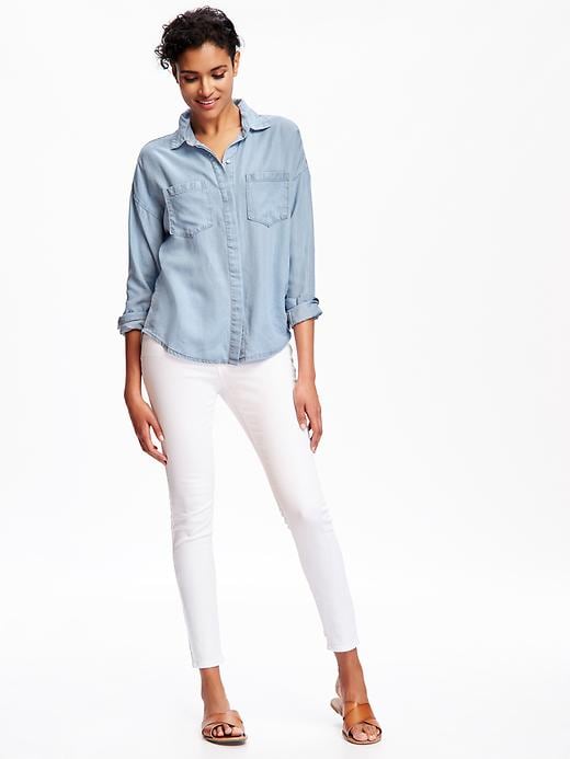 Image number 2 showing, Boyfriend Slit-Back Chambray Shirt for Women