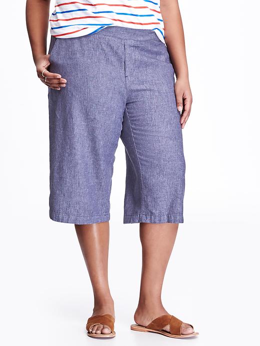 View large product image 1 of 2. Mid-Rise Linen-Blend Plus-Size Culottes