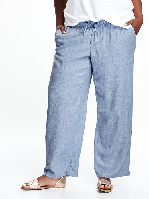 View large product image 1 of 2. Mid-Rise Striped Linen-Blend Plus-Size Pants
