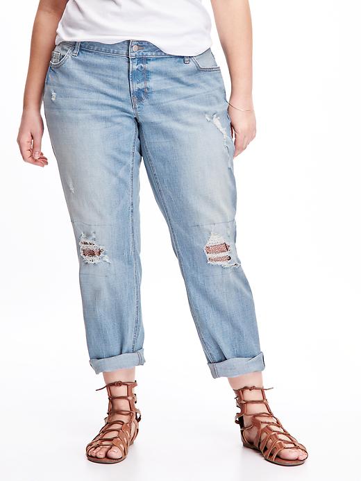 View large product image 1 of 1. Mid-Rise Destroyed Skinny Ankle Boyfriend Plus-Size Jeans