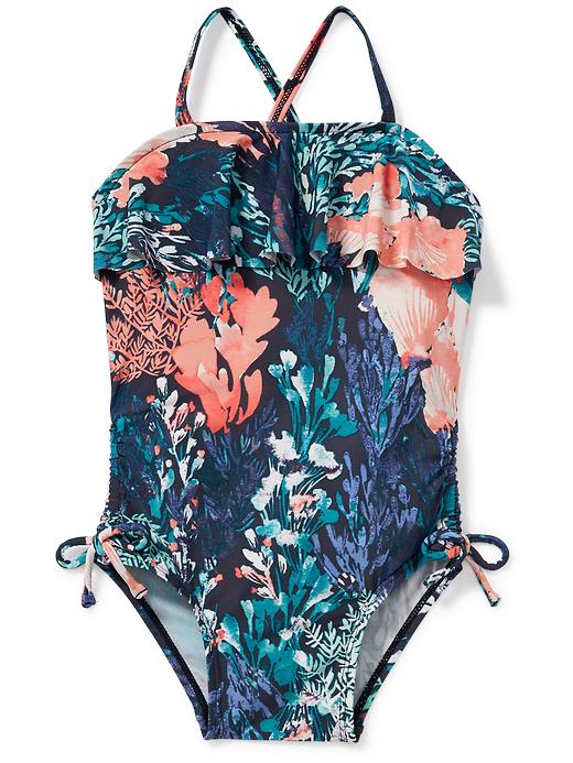 View large product image 1 of 1. Ruffled Floral-Print Swimsuit for Toddler