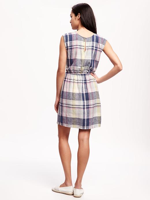 Image number 2 showing, Linen Plaid Waisted Shift Dress for Women