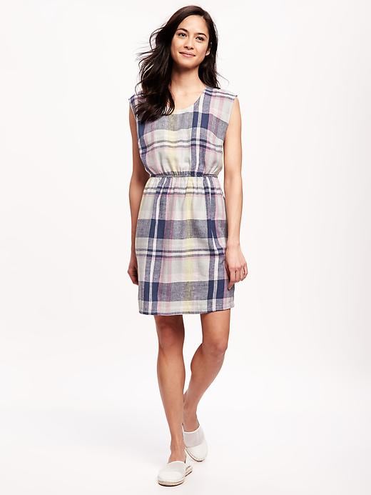 Image number 1 showing, Linen Plaid Waisted Shift Dress for Women