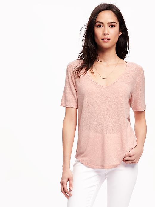 Image number 1 showing, Relaxed Hi-Lo V-Neck Linen Tee for Women