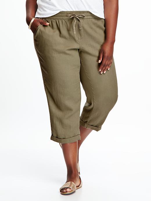 View large product image 1 of 2. Cropped Linen-Blend Plus-Size Pants