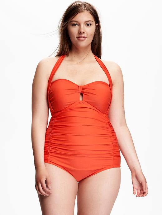 View large product image 1 of 1. Ruched Plus-Size Halter One-Piece Swimsuit