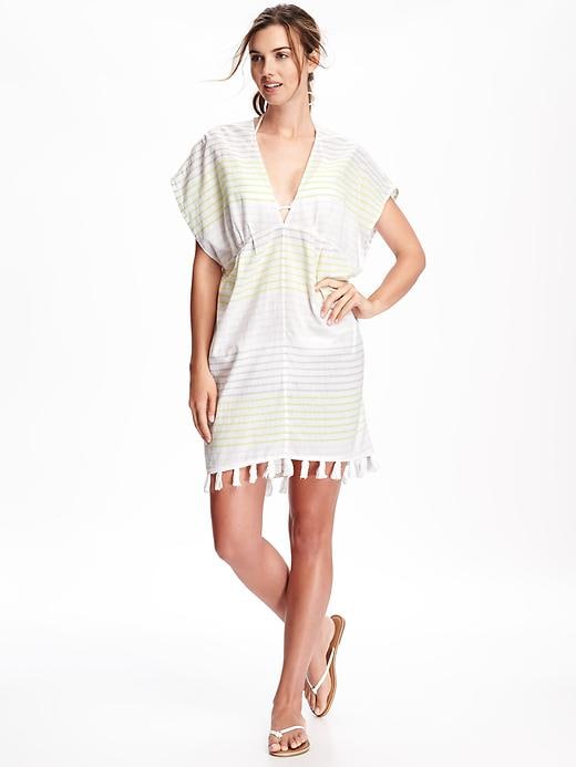 Image number 1 showing, Striped Gauze Tassel Swim Cover-Up for Women