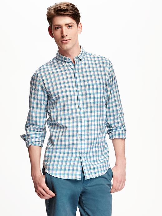 View large product image 1 of 1. Slim-Fit Linen-Blend Plaid Shirt for Men