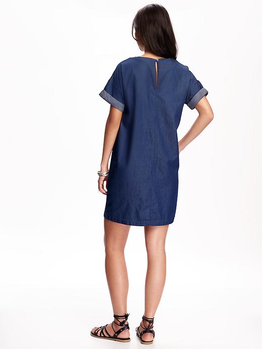 Image number 2 showing, Embroidered-Front Chambray Shift Dress for Women
