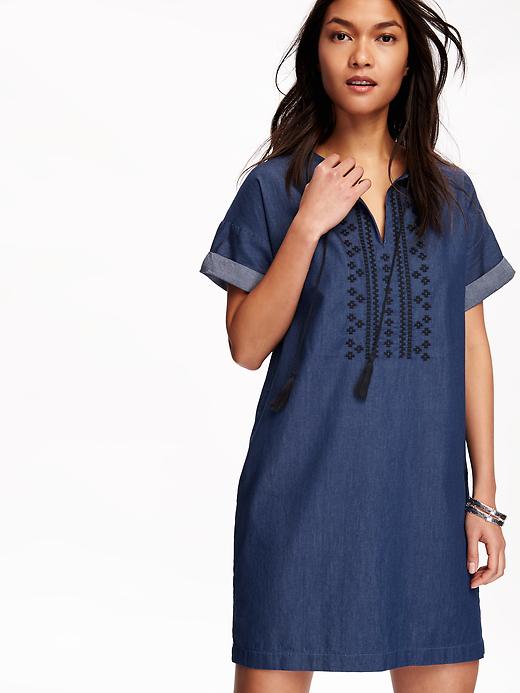 Image number 3 showing, Embroidered-Front Chambray Shift Dress for Women