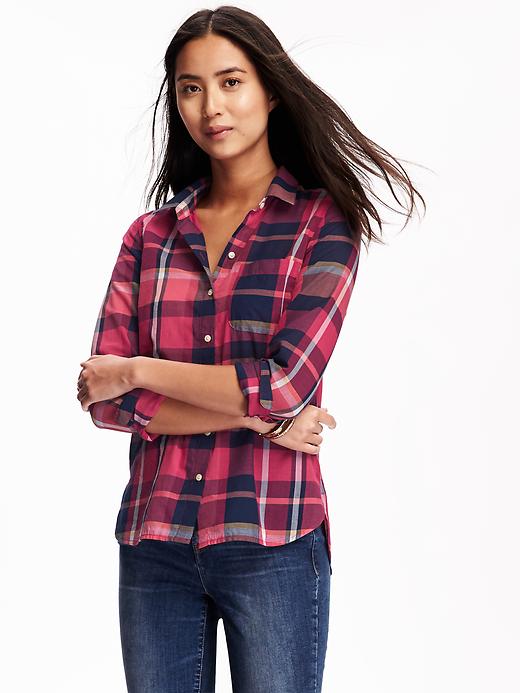 View large product image 1 of 1. Classic Semi-Sheer Plaid Shirt for Women