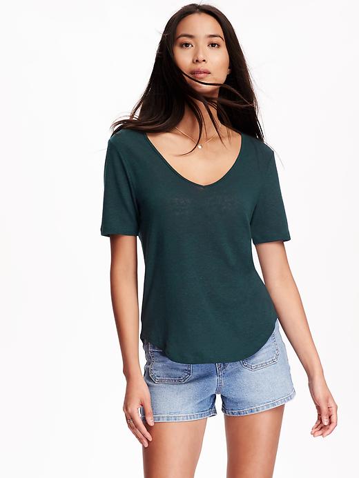 View large product image 1 of 1. Relaxed Hi-Lo V-Neck Linen Tee for Women