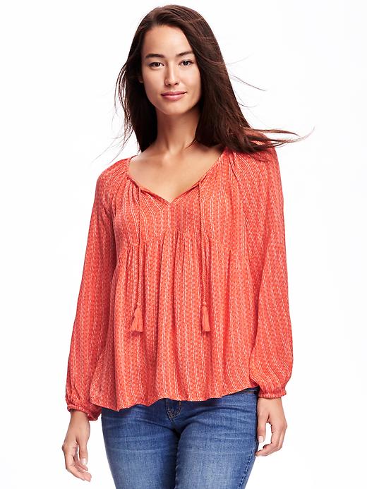 View large product image 1 of 1. Tassel-Front Swing Blouse for Women