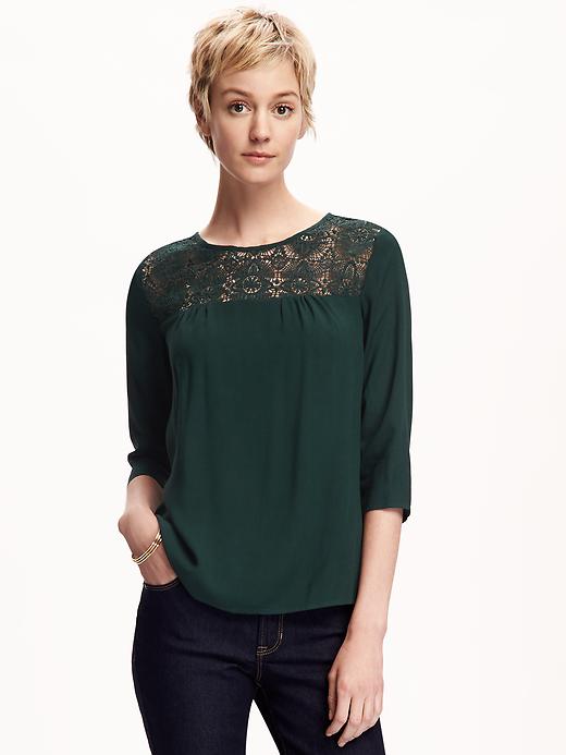 View large product image 1 of 1. Crochet-Yoke Blouse for Women
