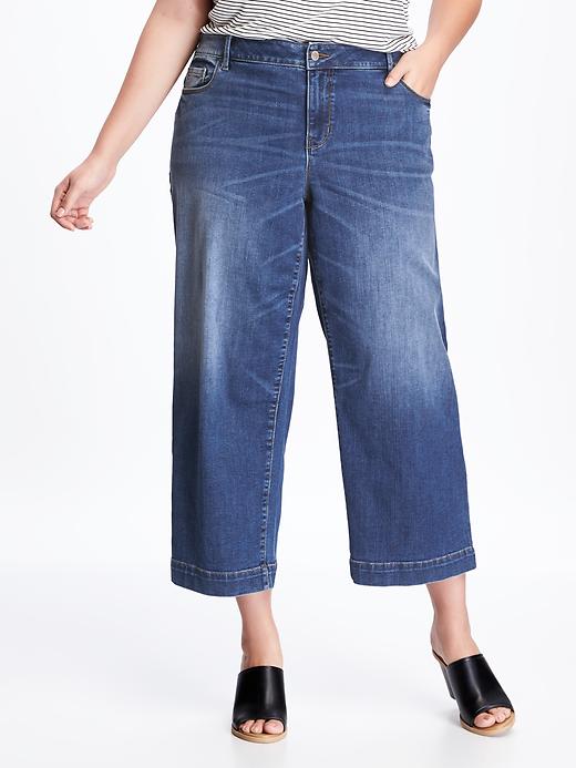 View large product image 1 of 2. High-Rise Plus-Size Denim Culottes