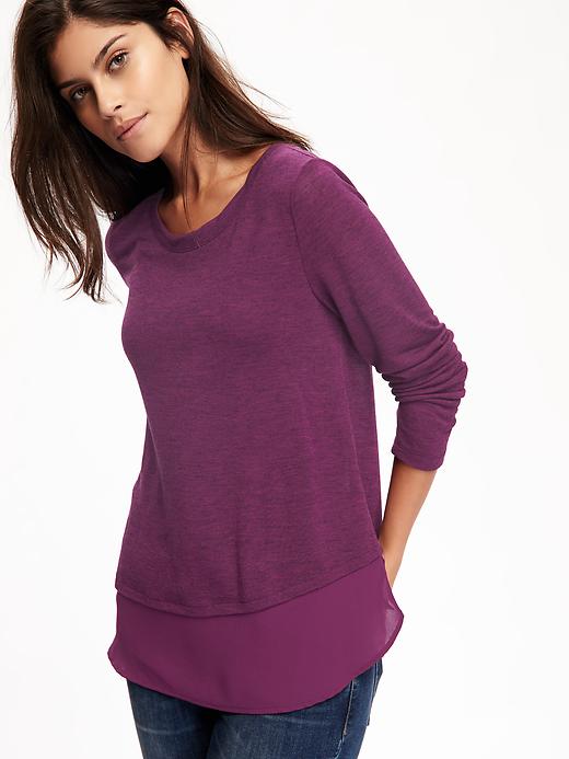 Image number 4 showing, Relaxed Chiffon-Hem Sweater-Knit Top for Women