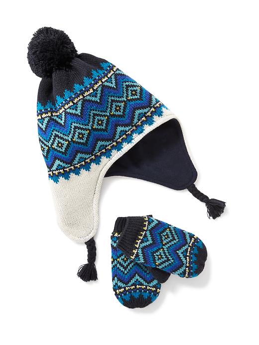 View large product image 1 of 1. Pom-Pom Trapper Beanie & Mitten Set For Toddler Boys