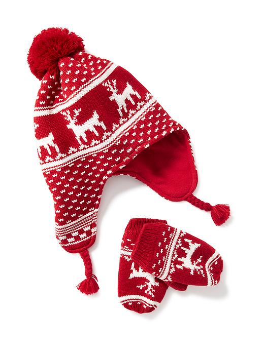 View large product image 1 of 1. Pom-Pom Trapper Beanie & Mitten Set For Toddler Boys