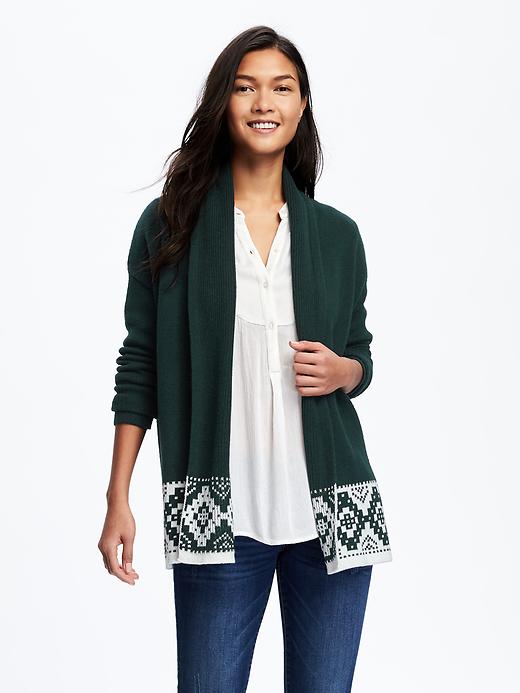 Image number 1 showing, Patterned Shawl-Collar Open-Front Cardi for Women