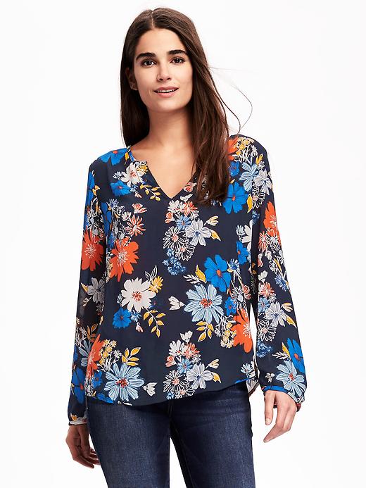 Image number 1 showing, Printed Lightweight Shirred Blouse for Women
