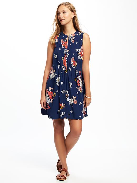 Image number 1 showing, Printed Pintuck Swing Dress for Women