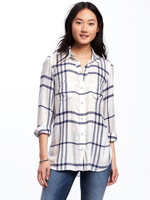 View large product image 1 of 1. Relaxed Plaid Drapey-Twill Shirt for Women