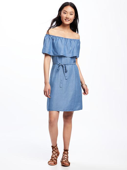 View large product image 1 of 1. Ruffled Off-the-Shoulder Tencel&#174 Shift Dress for Women