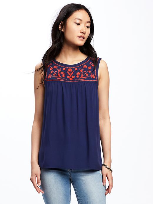 View large product image 1 of 1. Embroidered-Yoke High-Neck Tank for Women