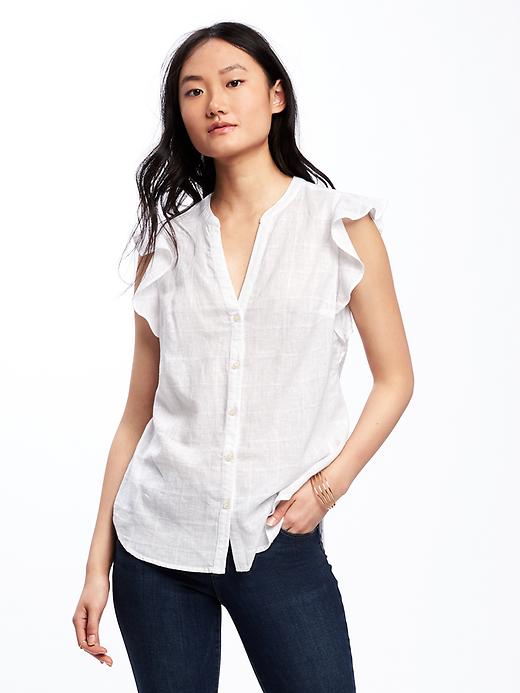 Image number 1 showing, Ruffle-Sleeve Linen-Blend Top for Women