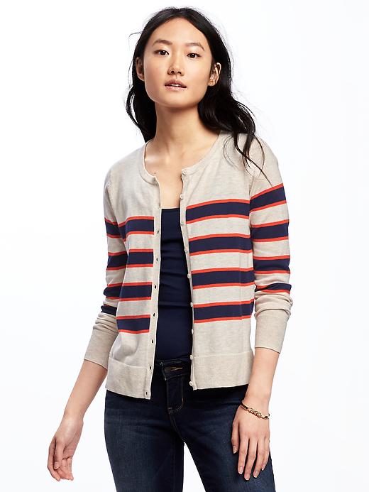 View large product image 1 of 1. Classic Button-Front Striped Cardi for Women