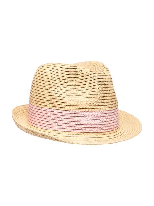 View large product image 1 of 1. Pink-Banded Straw Fedora for Girls
