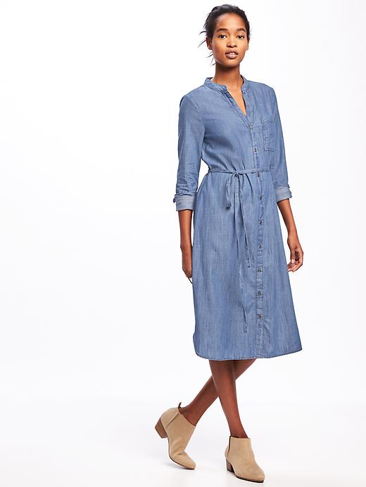Image number 1 showing, Chambray Tie-Belt Shirt Dress for Women