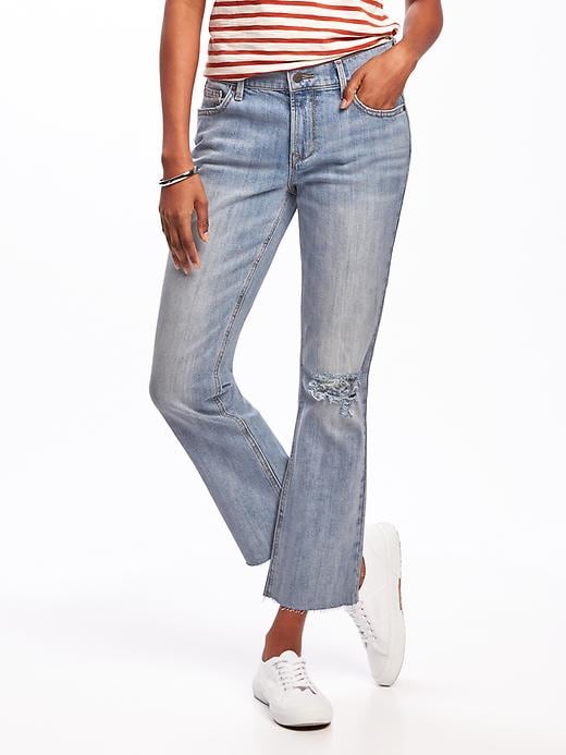 View large product image 1 of 3. Distressed Flare Ankle Mid-Rise Jeans for Women
