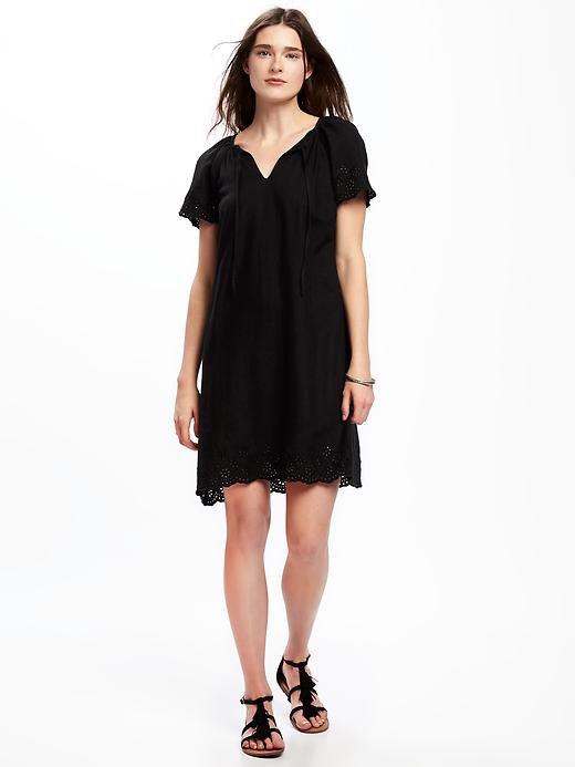 View large product image 1 of 1. Linen-Blend Cutwork-Embellished Shift Dress for Women