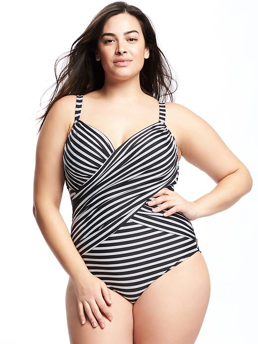 View large product image 1 of 1. Smooth & Slim Wrap-Front Plus-Size Swimsuit