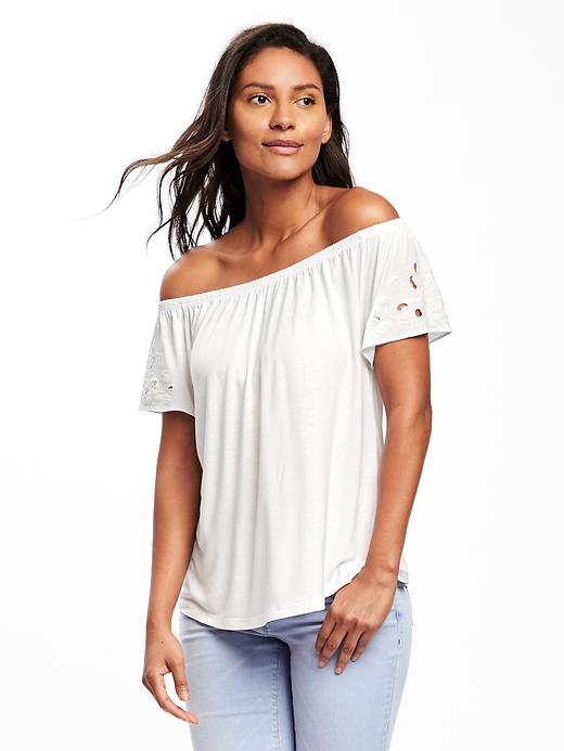 Image number 1 showing, Off-the-Shoulder Cutwork Swing Tee for Women
