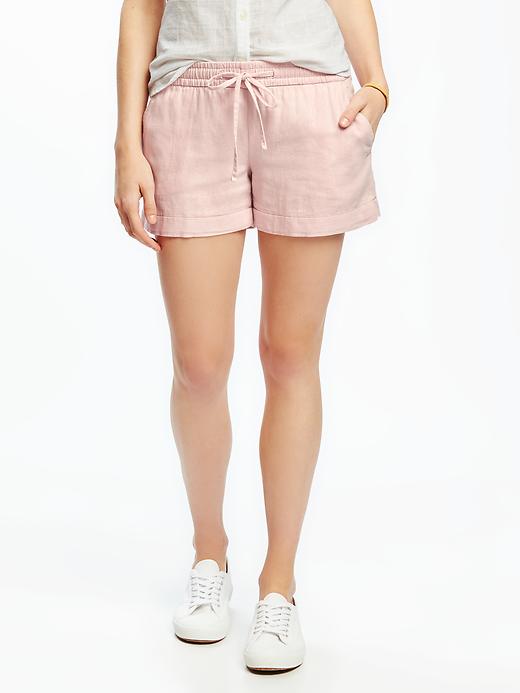 View large product image 1 of 1. Mid-Rise Cuffed Linen-Blend Shorts For Women - 4 inch inseam