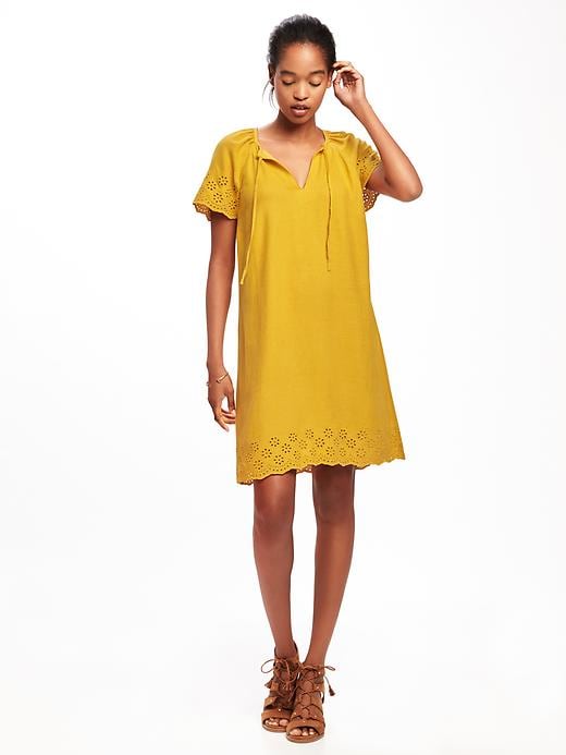 View large product image 1 of 1. Linen-Blend Cutwork-Embellished Shift Dress for Women