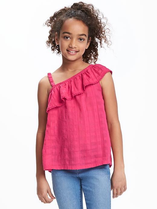 View large product image 1 of 2. Ruffled One-Shoulder Dobby Top for Girls