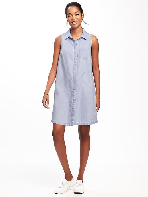 Image number 1 showing, Sleeveless Chambray Shirt Dress for Women
