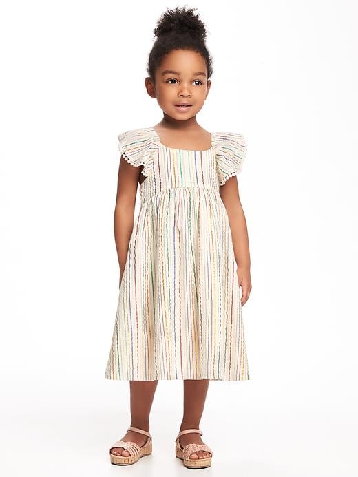View large product image 1 of 3. Tea-Length Metallic-Stripe Flutter-Sleeve Dress for Toddler Girls